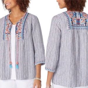 J. Jill 100% Linen Embroidered Linen Jacket Blouse Grey White Stripe Medium